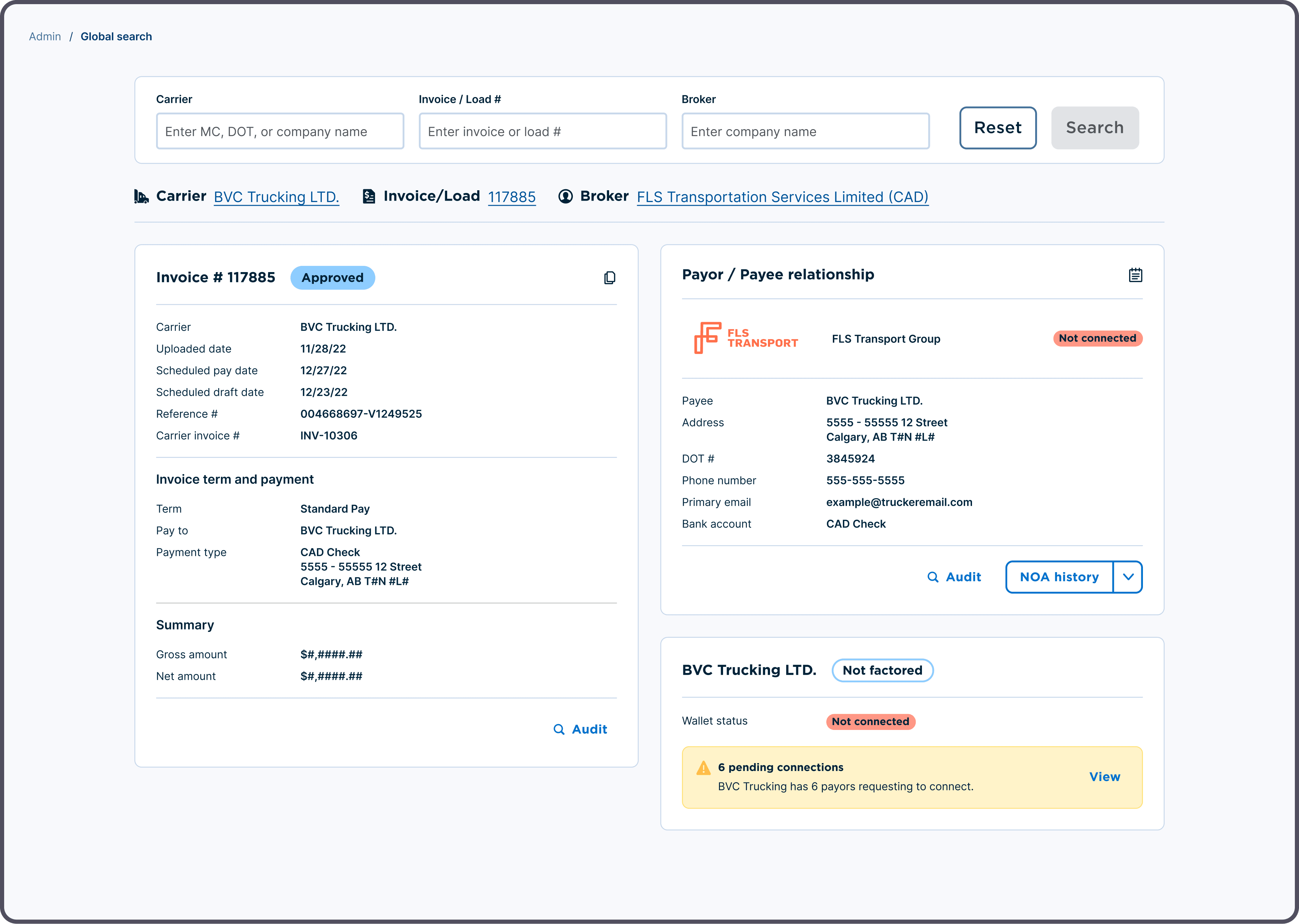 TriumphPay Global Search showing invoice 117885 with Approved status, payor and payee relationship, and carrier factoring and wallet status