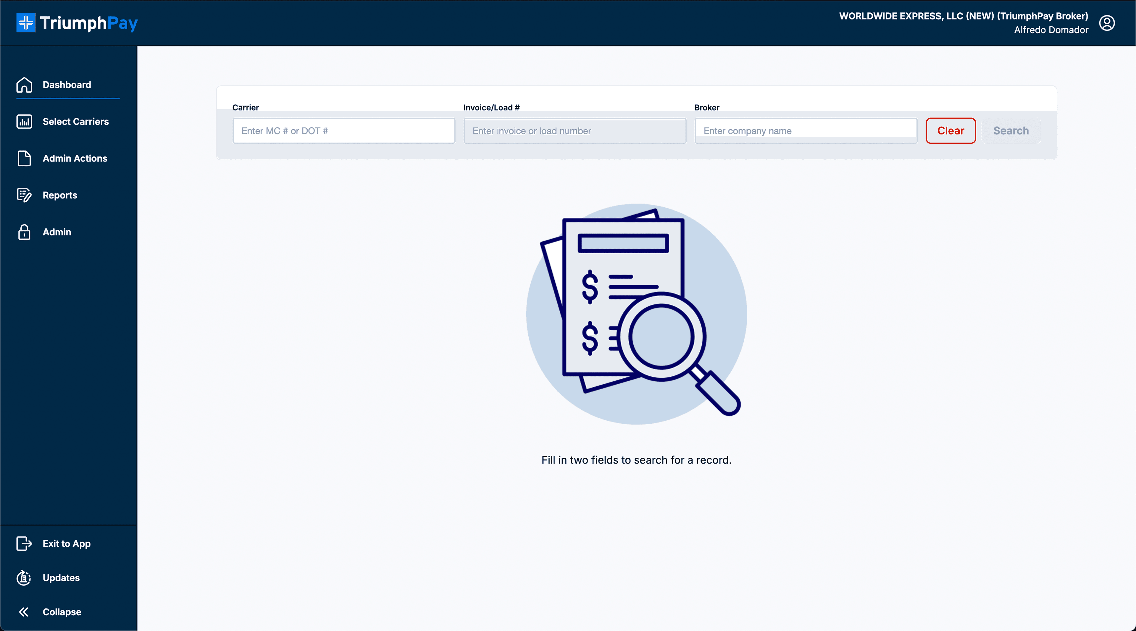 Global Search empty state with Carrier, Invoice or Load, and Broker fields, and a prompt to fill in two fields to search